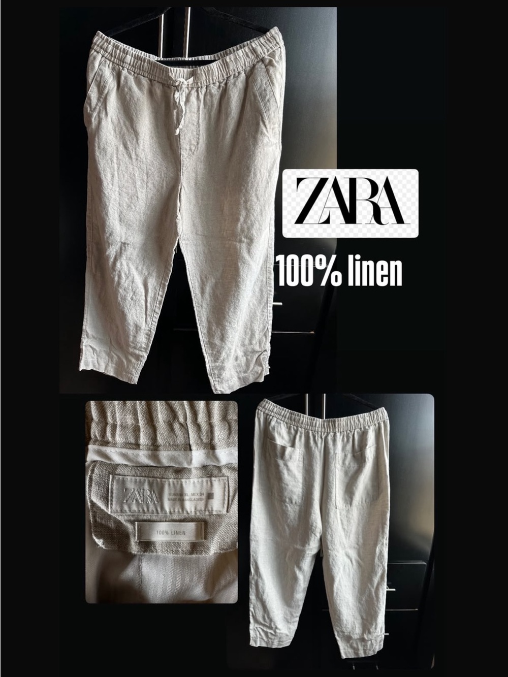 Zara Men’s 100% Linen Casual Drawstring Shorts White/Cream